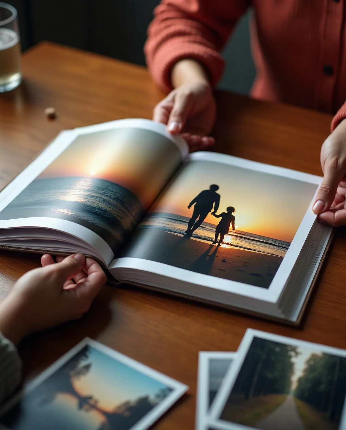 Руки листают семейную фотокнигу в твёрдом переплёте, рядом на столе — напечатанные фотографии